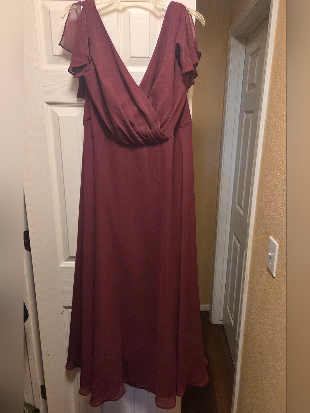 Deep Maroon V-Neck Flutter Sleeve Maxi Dress